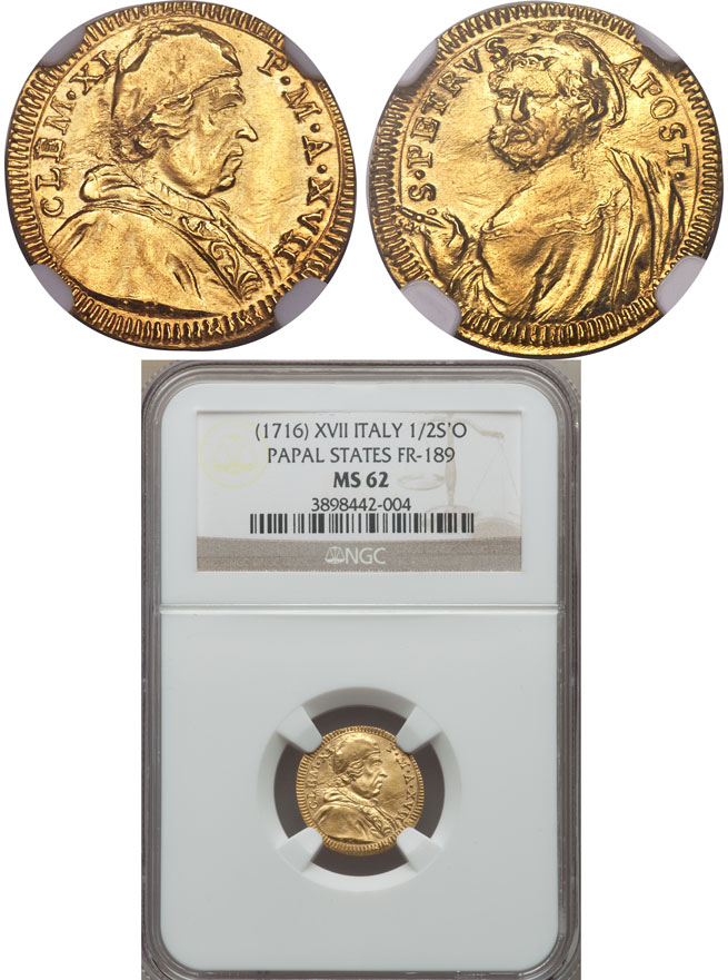 Clement XI 1716 Gold Half Scudo NGC MS62 Photo