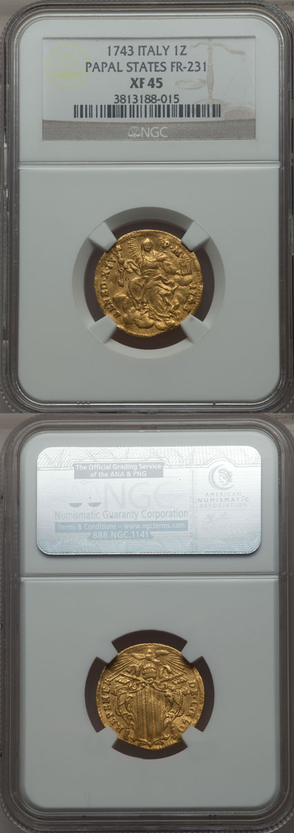 Benedict XIV 1743 Gold Zecchino NGC XF45 Photo