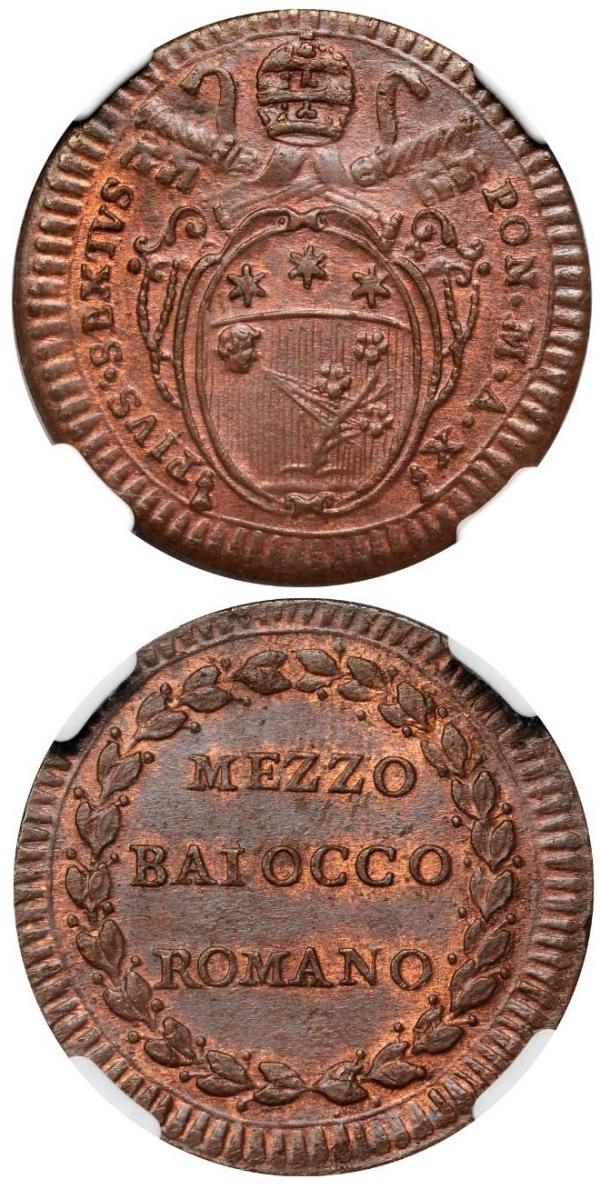 Pius VI 1784 Half Baiocco MS64 BN Photo