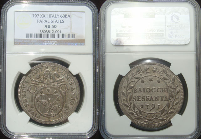 Pius VI 60 Baiocchi 1797 Papal Coin NGC AU50 Photo