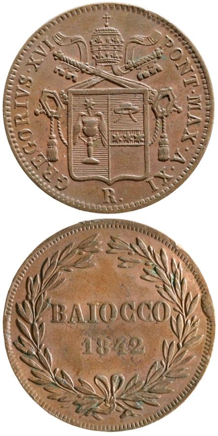 Gregory XVI 1842 Baiocco XF Photo