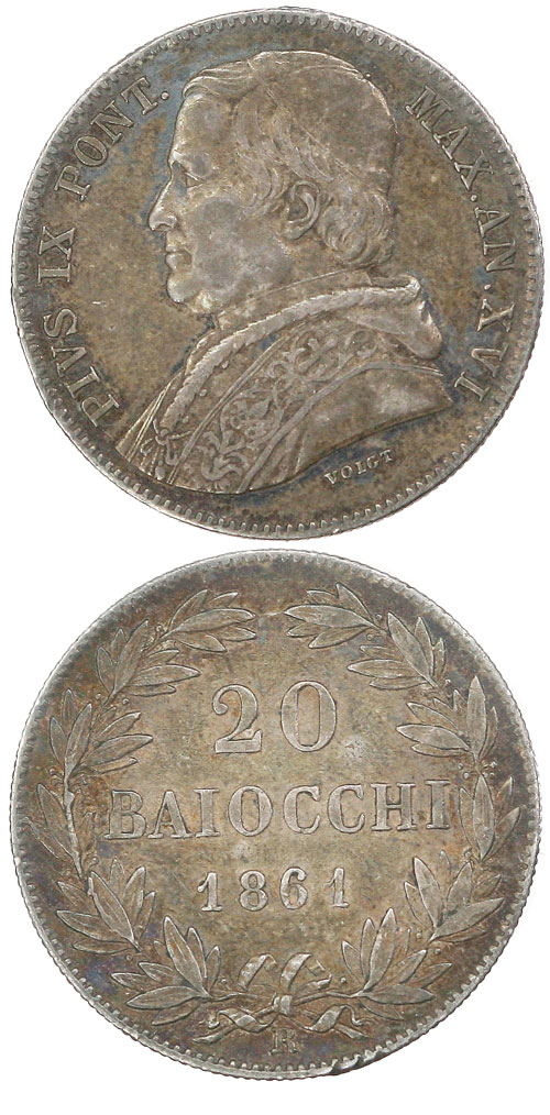 Pius IX 1861 Anno XVI 20 Baiocchi Photo