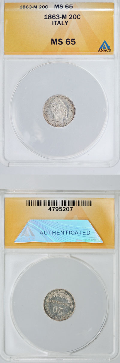 1863 Italy 20 Centesimi Silver MS65 Photo