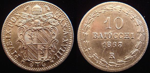 Pius IX 1863 Anno XVIII 10 Baiocchi Silver Coin Photo