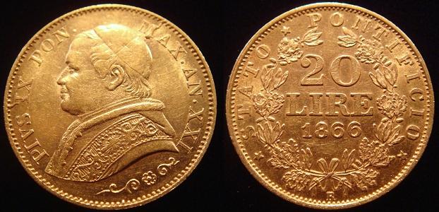 Pius IX 1866 Anno XXI 20 Lire Gold Coin AU Photo