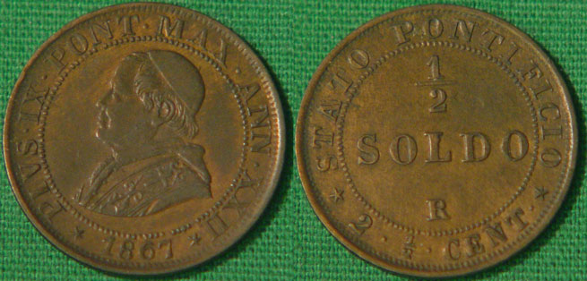 Pius IX 1867 Half Soldo XF Photo