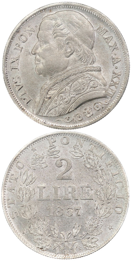Pius IX 1867 A.XXII 2 Lire Papal States Coin Photo