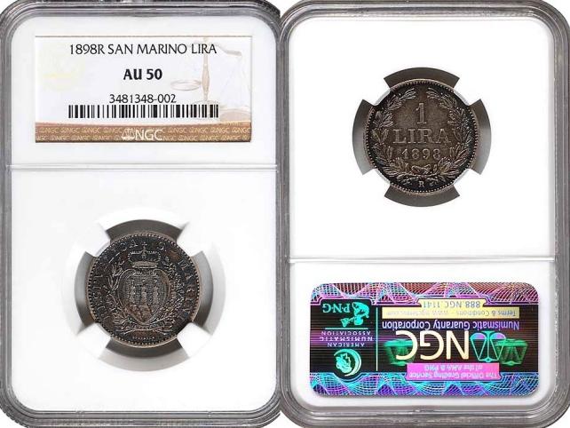 1898 San Marino 1 Lira Coin NGC AU50 Photo