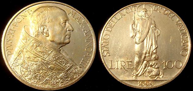 1929 Vatican 100 Lire Gold Coin Photo
