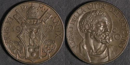 1930 Vatican 10 Centesimi Coin Brown UNC Photo