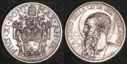 1930 Vatican 20 Centesimi St. Paul Coin Photo