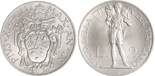 1930 Vatican 2 Lire GOOD SHEPHERD Coin Photo