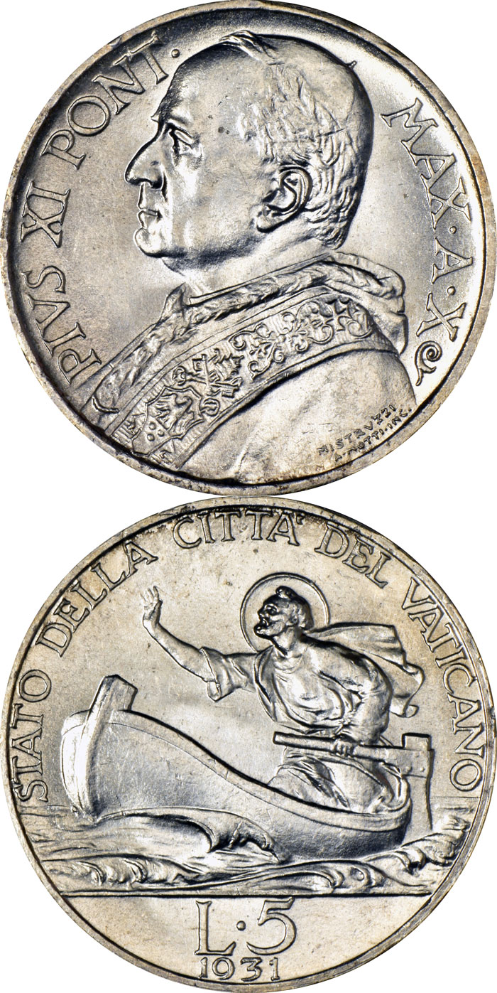 1931 Vatican 5 Lire Pius XI Photo
