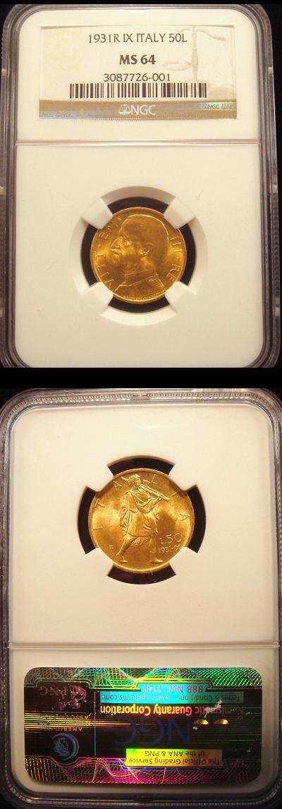 1931 Italy 50 Lire Gold Coin NGC MS64 Photo