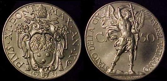 1931 Vatican 50 Centesimi Archangel Michael Coin Photo