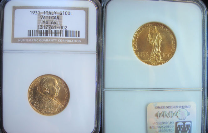 1931 Vatican 100 Lire Gold Coin NGC MS64 Photo