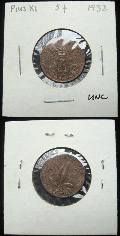 1932 Vatican 5 Centesimi Coin Photo