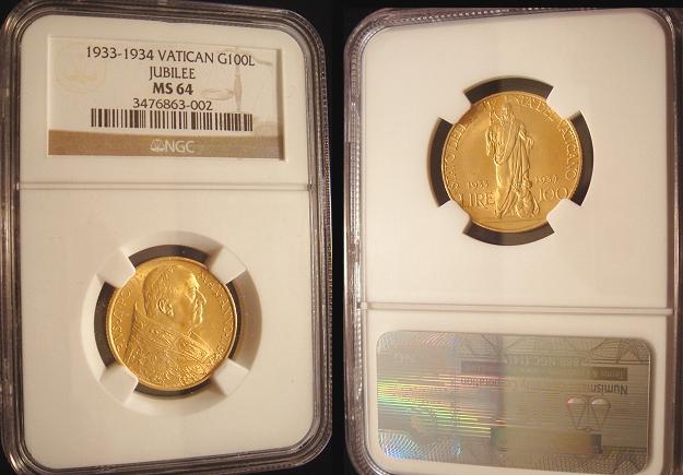 1933-34 Vatican 100 Lire Gold Coin NGC MS64 Photo