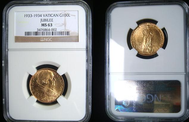 1933-34 Vatican 100 Lire Gold Coin NGC MS63 Photo