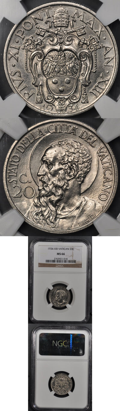 1934 Vatican 20 Centesimi Coin MS66 Photo