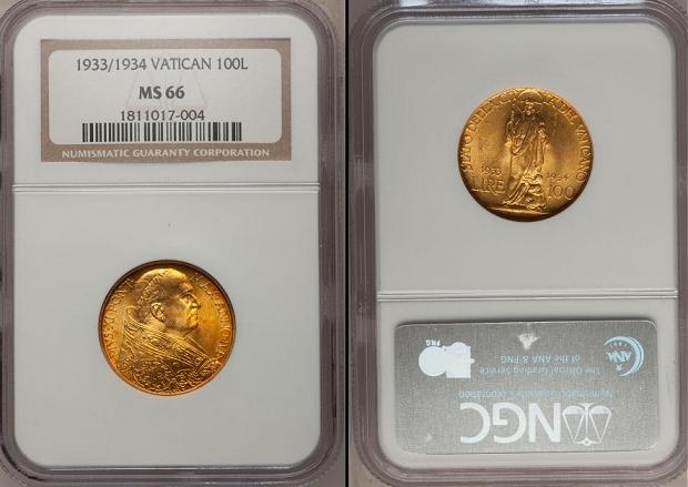 1933-34 Vatican 100 Lire Gold Coin NGC MS66 Photo