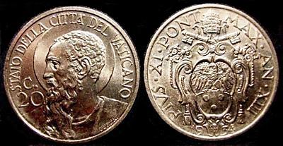 1934 Vatican 20 Centesimi Coin Photo
