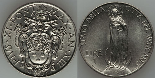 1934 Vatican 1 Lira VIRGIN MARY Coin Photo