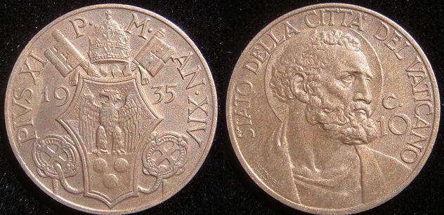 1935 Vatican 10 Centesimi St. Peter Coin Photo