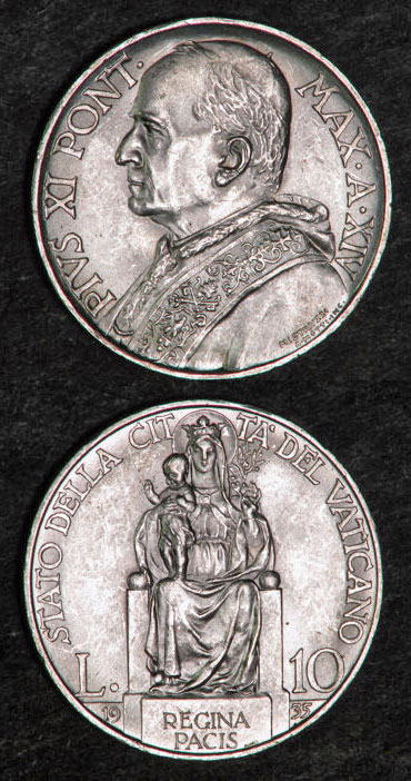 1935 Vatican 10 Lire Coin UNC Photo