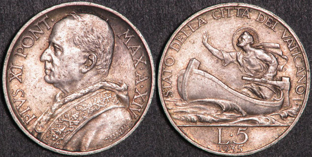 1935 Vatican 5 Lre Coin AU-UNC Photo