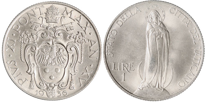 1936 Vatican 1 Lira VIRGIN MARY Coin Photo
