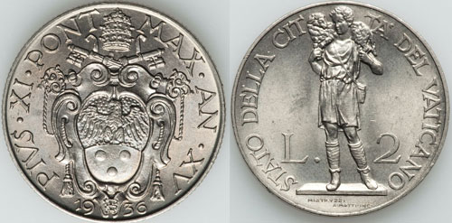 1936 Vatican 2 Lire GOOD SHEPHERD Coin UNC Photo
