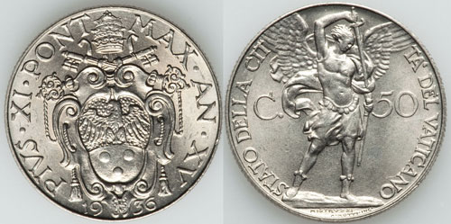1936 Vatican 50 Centesimi Archangel Michael Coin Photo