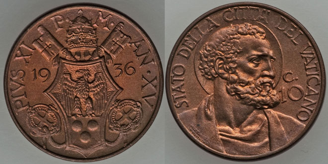 1936 Vatican 10 Centesimi ST. PETER Coin Photo