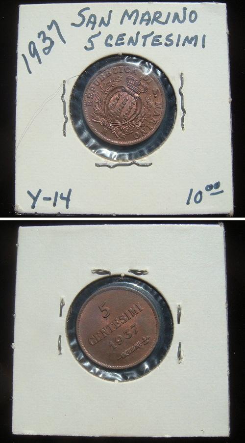 1937 San Marino 5 Centesimi Coin Photo