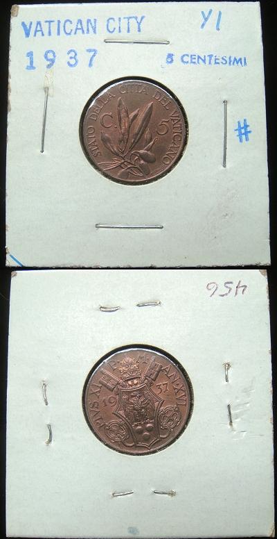 1937 Vatican 5 Centesimi Coin Photo