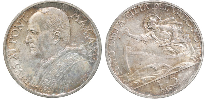 1937 Vatican 5 Lre Coin UNC Photo