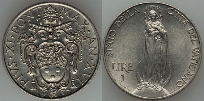 1937 Vatican 1 Lira VIRGIN MARY Coin Photo