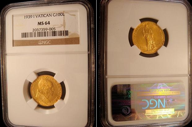 1939 Vatican 100 Lire Gold Coin NGC MS64 Photo