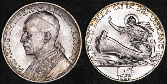 1939 Vatican 5 Lire Silver Coin ST. PETER Photo