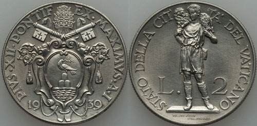 1939 Vatican 2 Lire GOOD SHEPHERD Coin Photo