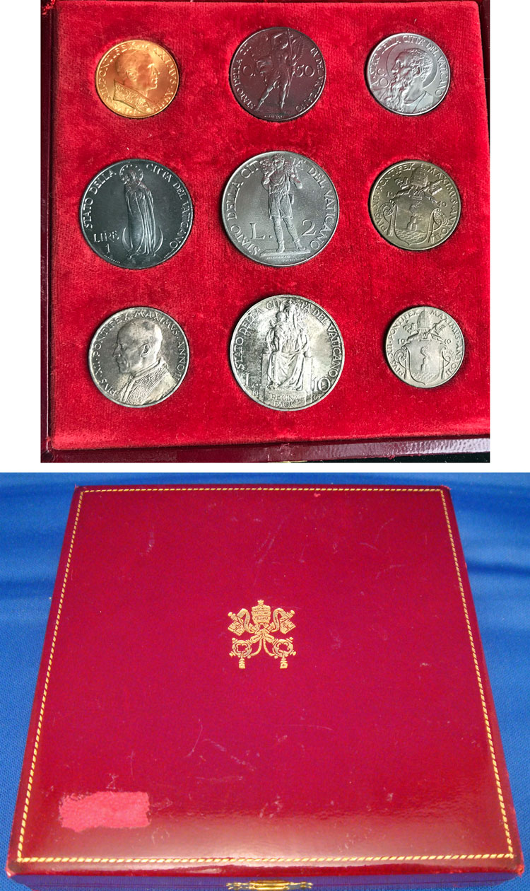 1940 Vatican Mint Set 9 Coins Cased, Gold Photo