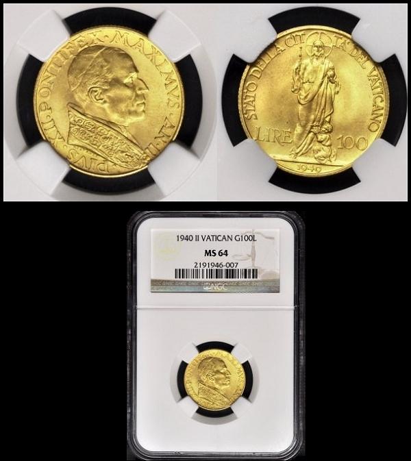 1940 Vatican 100 Lire Gold Coin NGC MS64 Photo