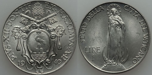 1940 Vatican 1 Lira VIRGIN MARY Coin Photo