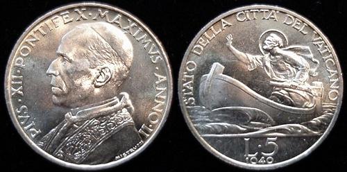 1940 Vatican 5 Lire Silver St. Peter Coin Photo