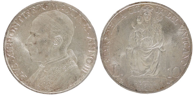 1941 Vatican 10 Lire Silver Coin BU Photo