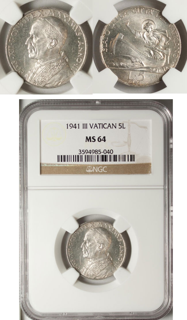 1941 Vatican 5 Lire NGC MS64 St. Peter Coin Photo