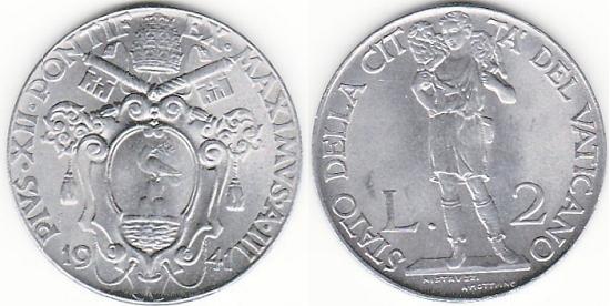 1941 Vatican 2 Lire GOOD SHEPHERD Coin Photo