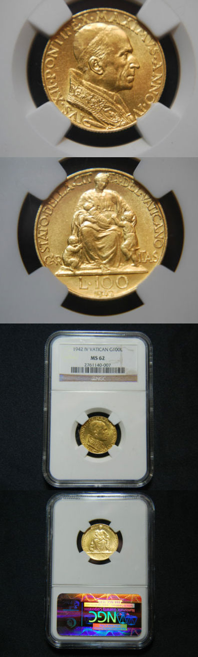 1942 Vatican 100 Lire Gold Coin NGC MS62 Photo