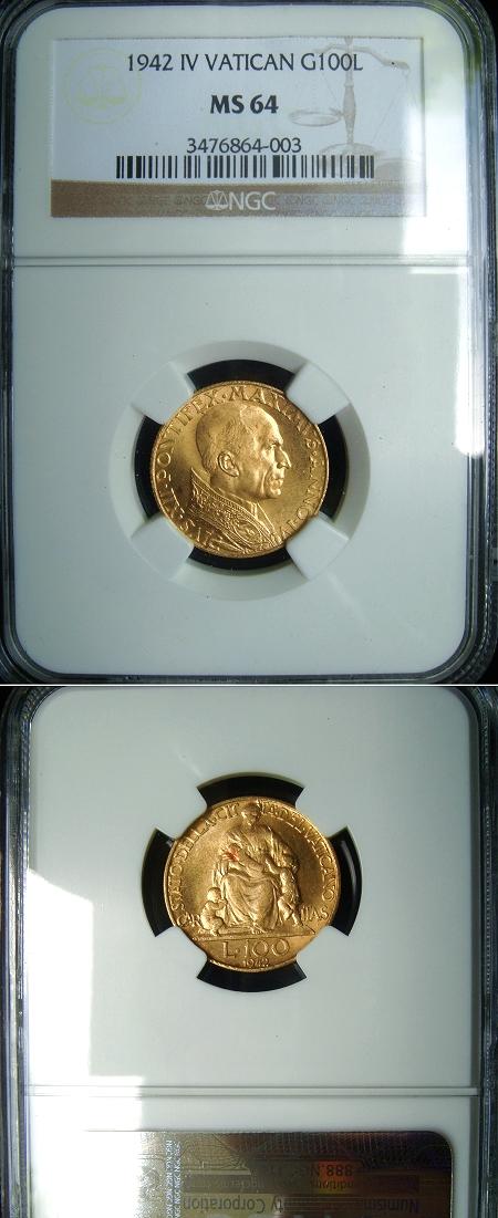 1942 Vatican 100 Lire Gold Coin NGC MS64 Photo